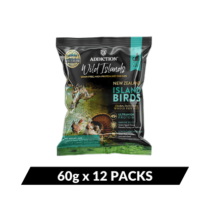 Package of Addiction Wild Islands New Zealand Island Birds cat food on a teal background