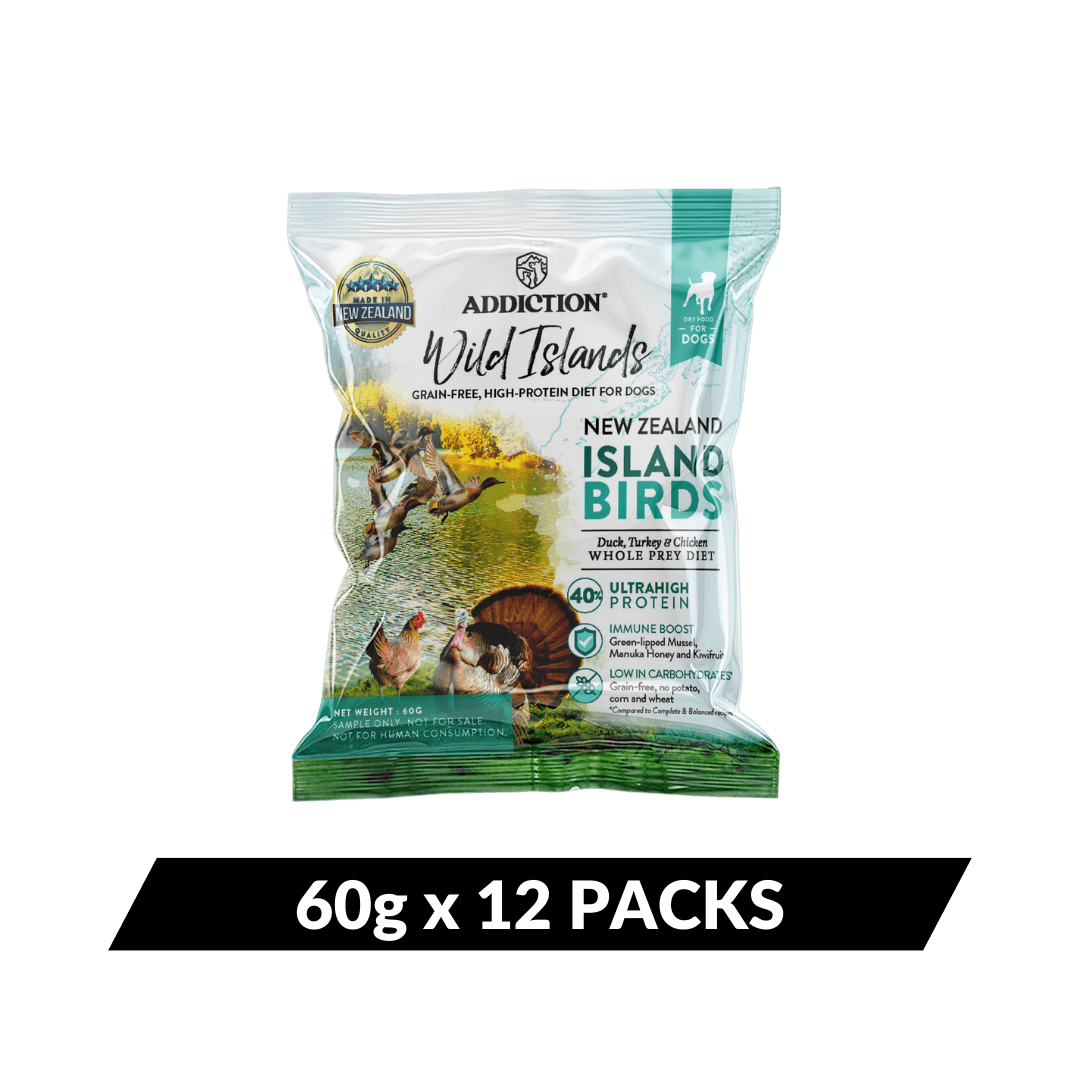 Package of Addiction Wild Islands New Zealand Island Birds dog food on a dark green background