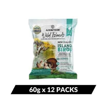 Package of Addiction Wild Islands New Zealand Island Birds dog food on a dark green background