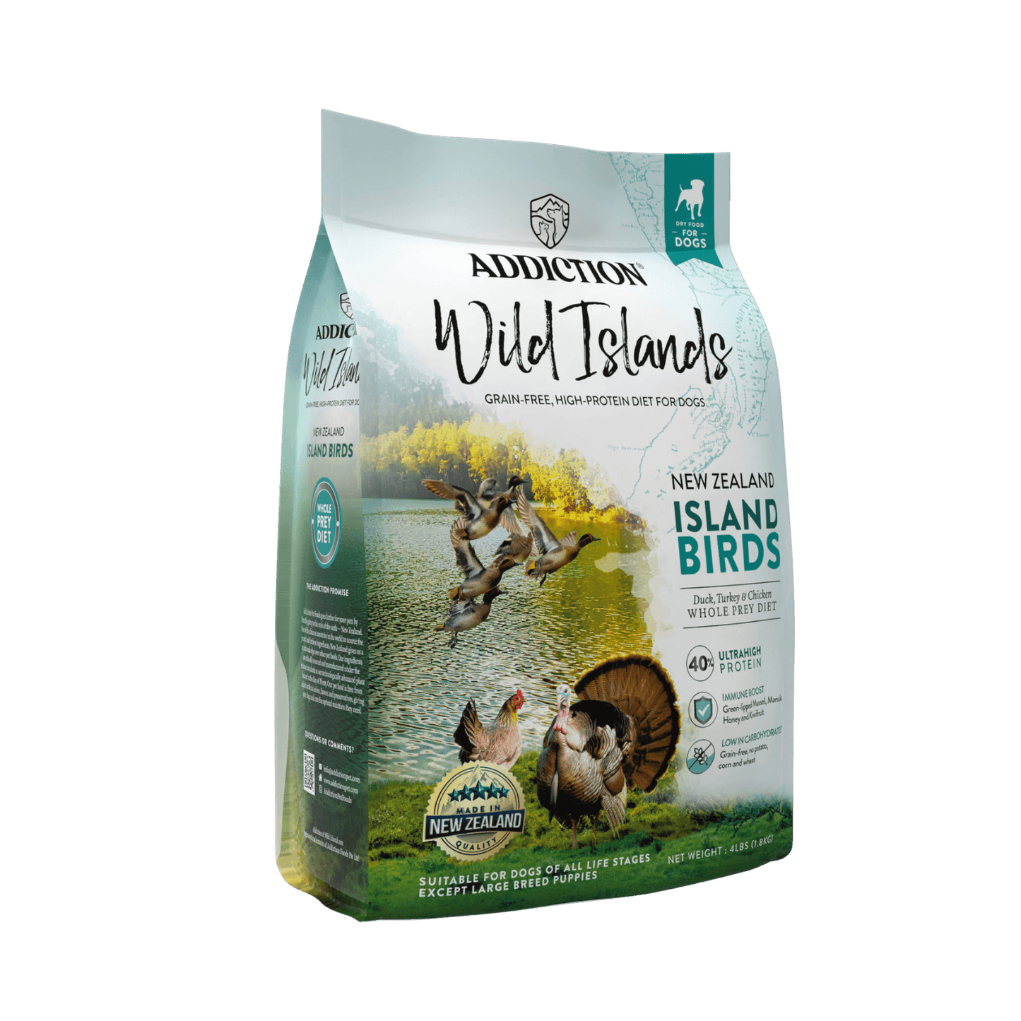 Addiction Wild Islands dog food package on a solid background