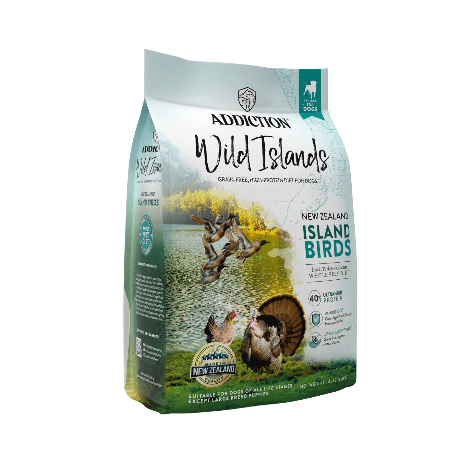 Addiction Wild Islands dog food package on a solid background