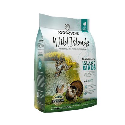 Addiction Wild Islands dog food package on a solid background