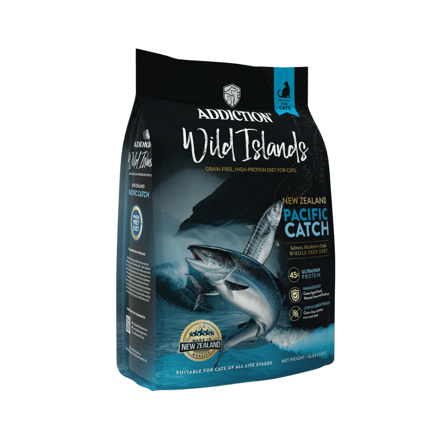 Addiction Wild Islands cat food package with a shark illustration on a dark background