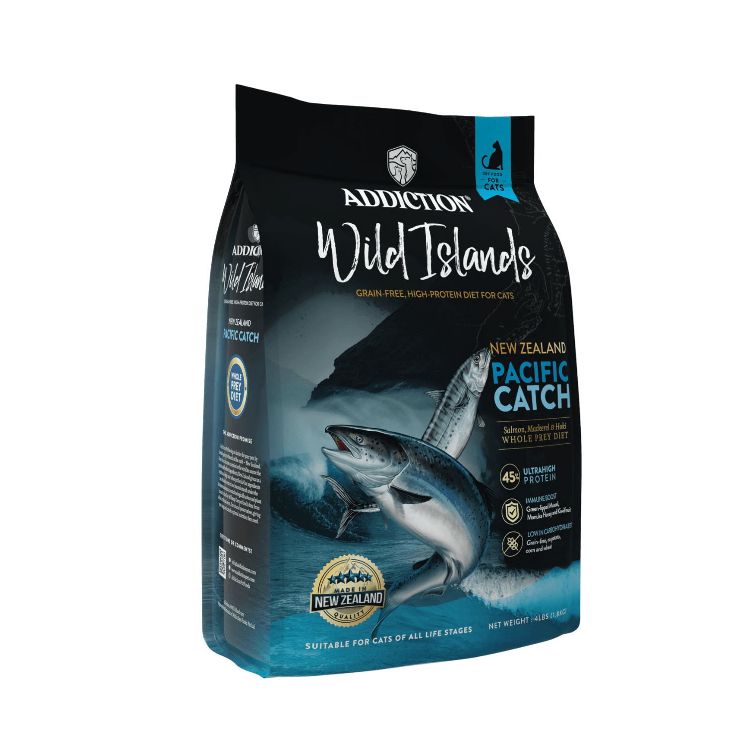 Addiction Wild Islands cat food package with a shark illustration on a dark background