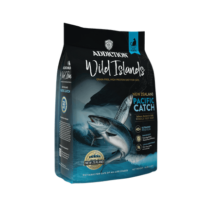 Addiction Wild Islands cat food package with a shark illustration on a dark background