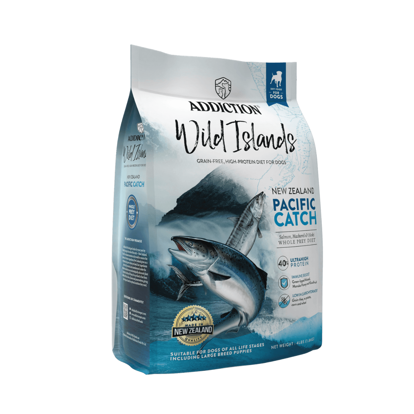 Package of Addiction Wild Islands New Zealand Pacific Catch dog food on a gray background