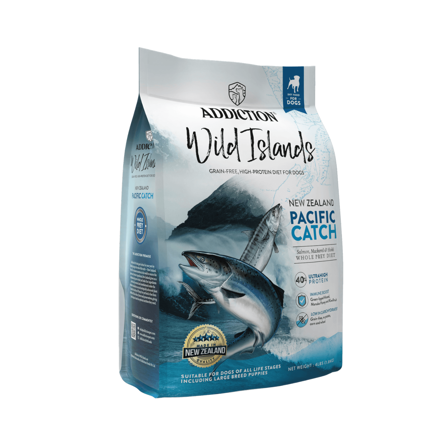 Package of Addiction Wild Islands New Zealand Pacific Catch dog food on a gray background