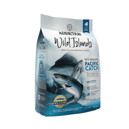 Package of Addiction Wild Islands New Zealand Pacific Catch dog food on a gray background