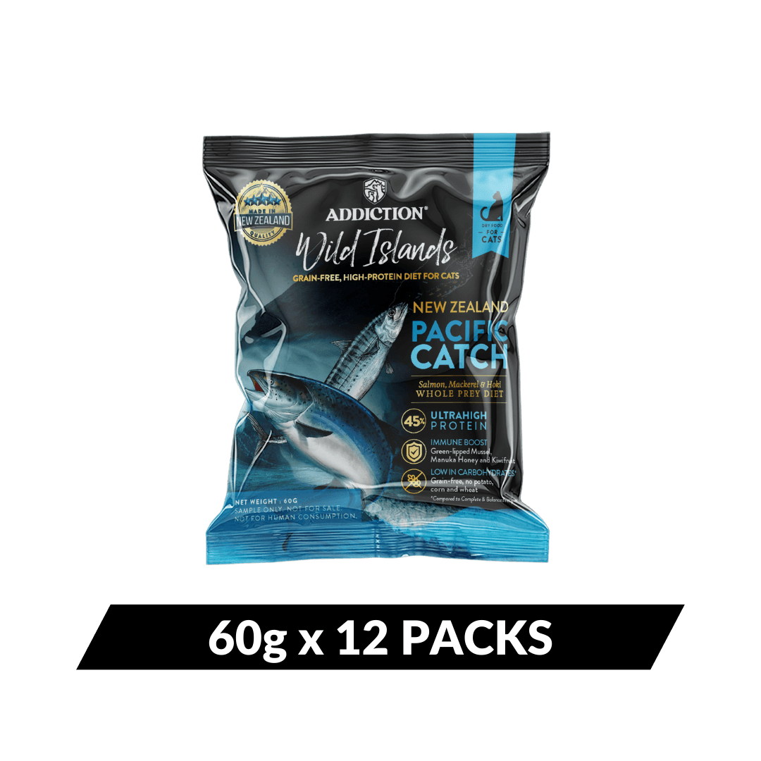 Package of Addiction Wild Islands cat food on a dark blue background