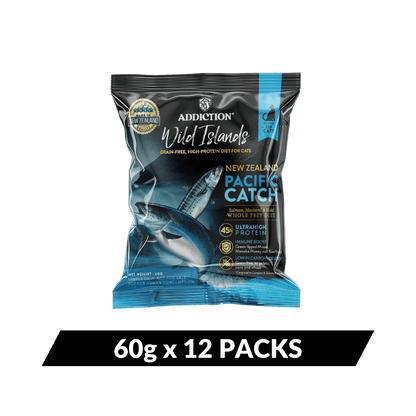 Package of Addiction Wild Islands cat food on a dark blue background