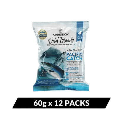 Package of Addiction Wild Islands Pacific Catch dog food on a white background
