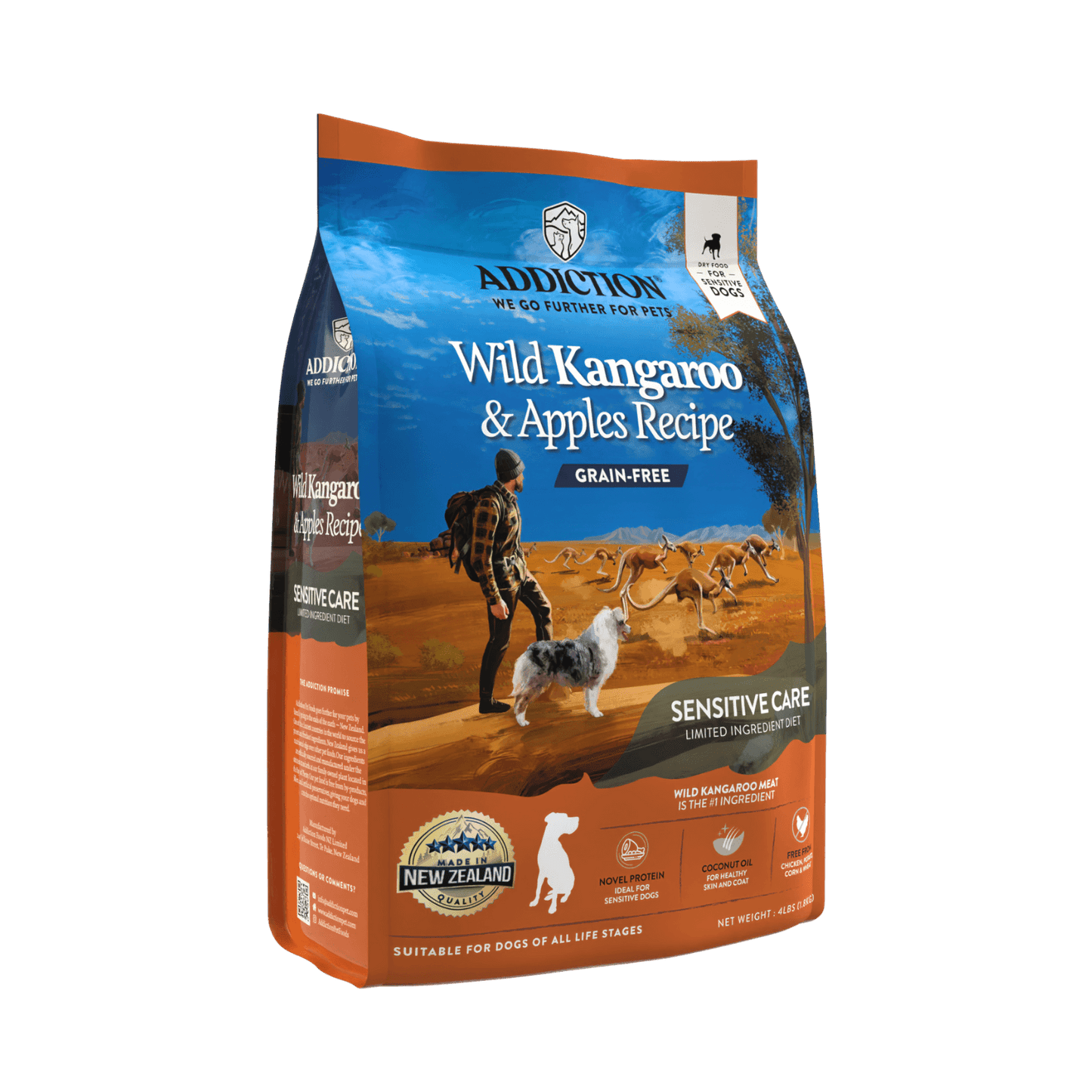 Dog food package with 'Addiction' branding on a solid background