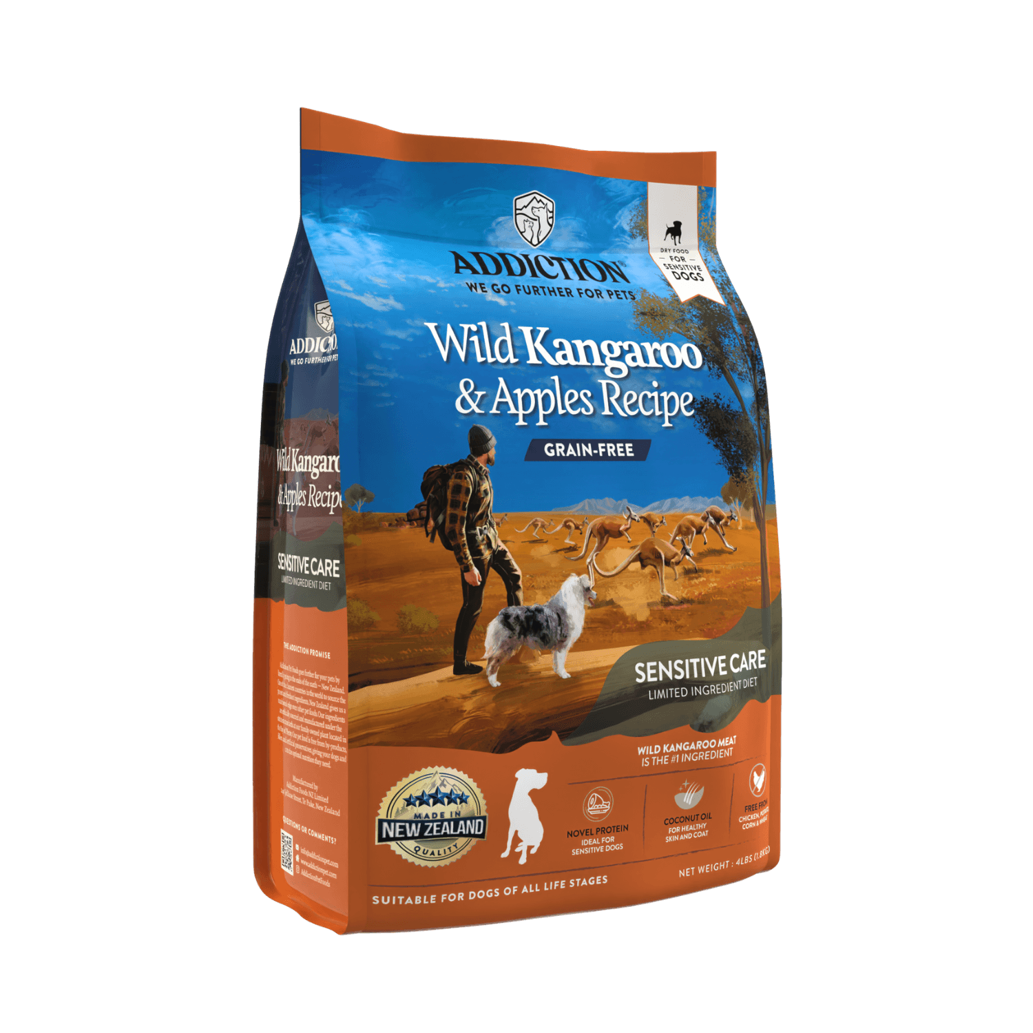 Dog food package with 'Addiction' branding on a solid background