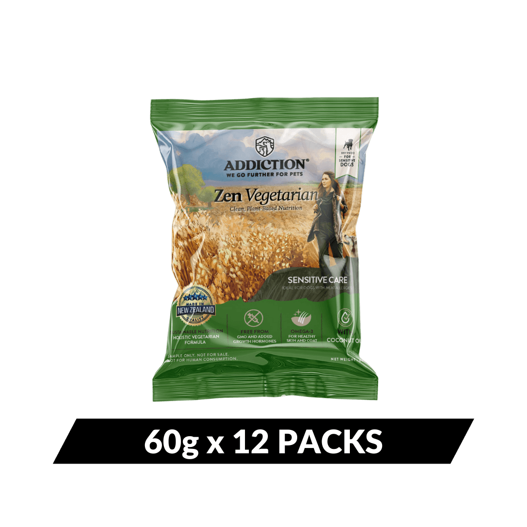 Package of Addiction Zen Vegetarian pet food on a solid background