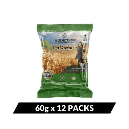 Package of Addiction Zen Vegetarian pet food on a solid background