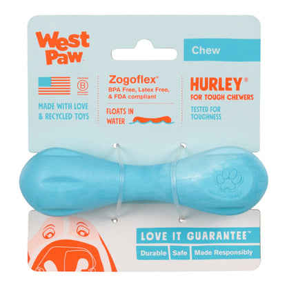 Blue dog chew toy with West Paw branding on packaging