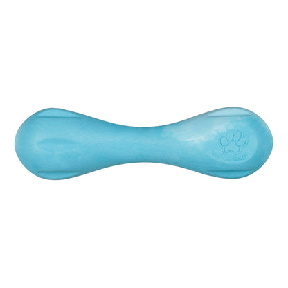 Blue dog toy with a paw print on a white background