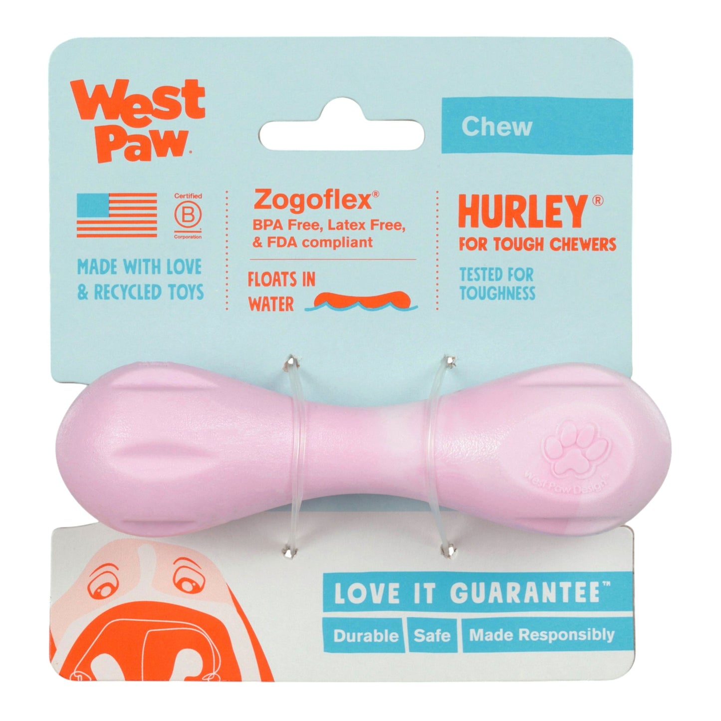 Pink dog chew toy with West Paw packaging on a light blue background