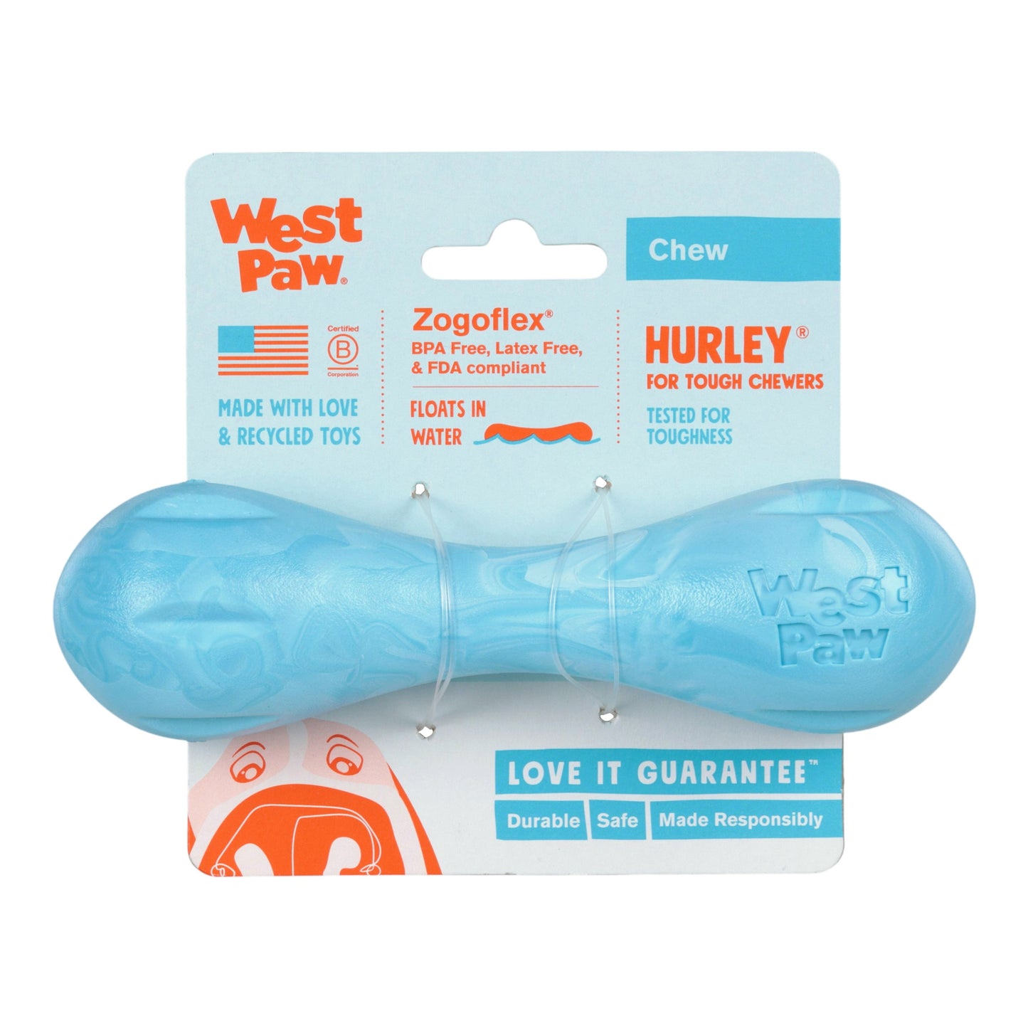 Blue dog chew toy with West Paw packaging on a white background