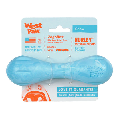 Blue dog chew toy with West Paw packaging on a white background