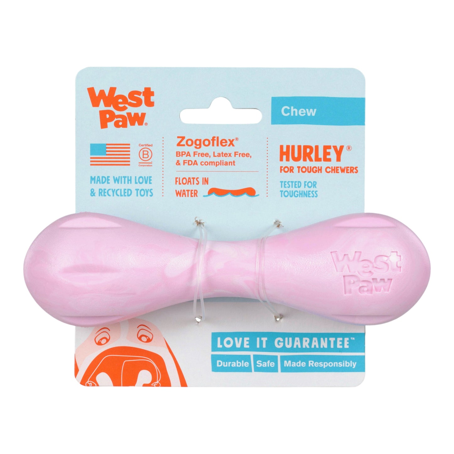 Pink dog chew toy with West Paw packaging on a white background