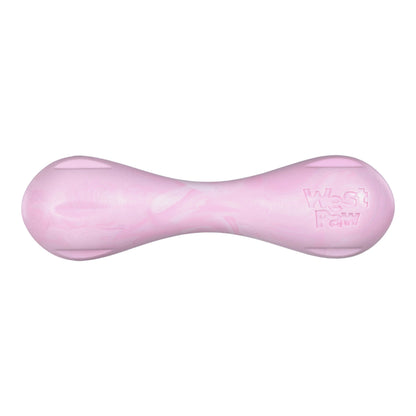 Pink dog toy with 'West Paw' branding on a white background