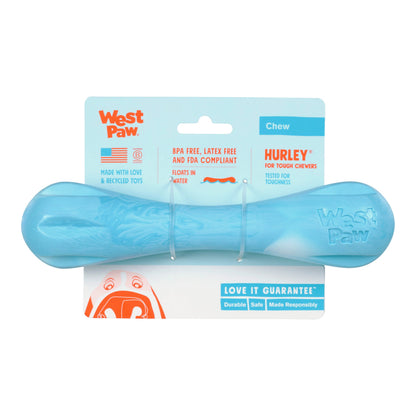 Blue dog chew toy with West Paw packaging on a white background