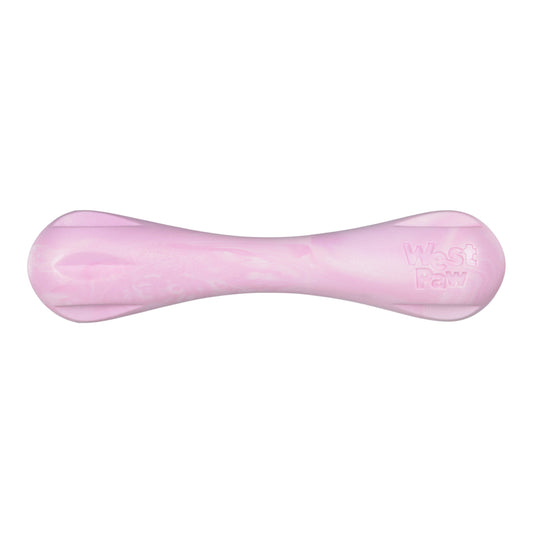 Pink bone-shaped dog toy on a white background