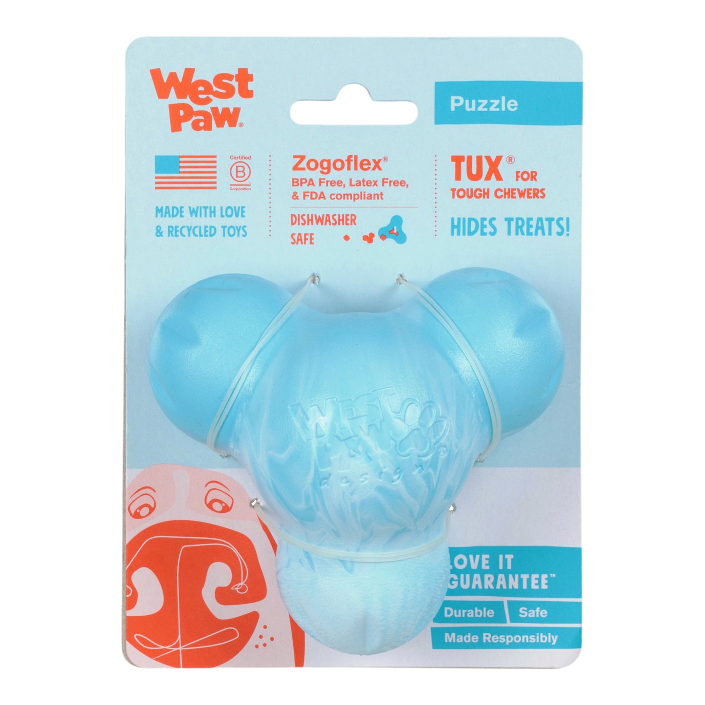 Blue dog toy packaging with West Paw branding on a white background