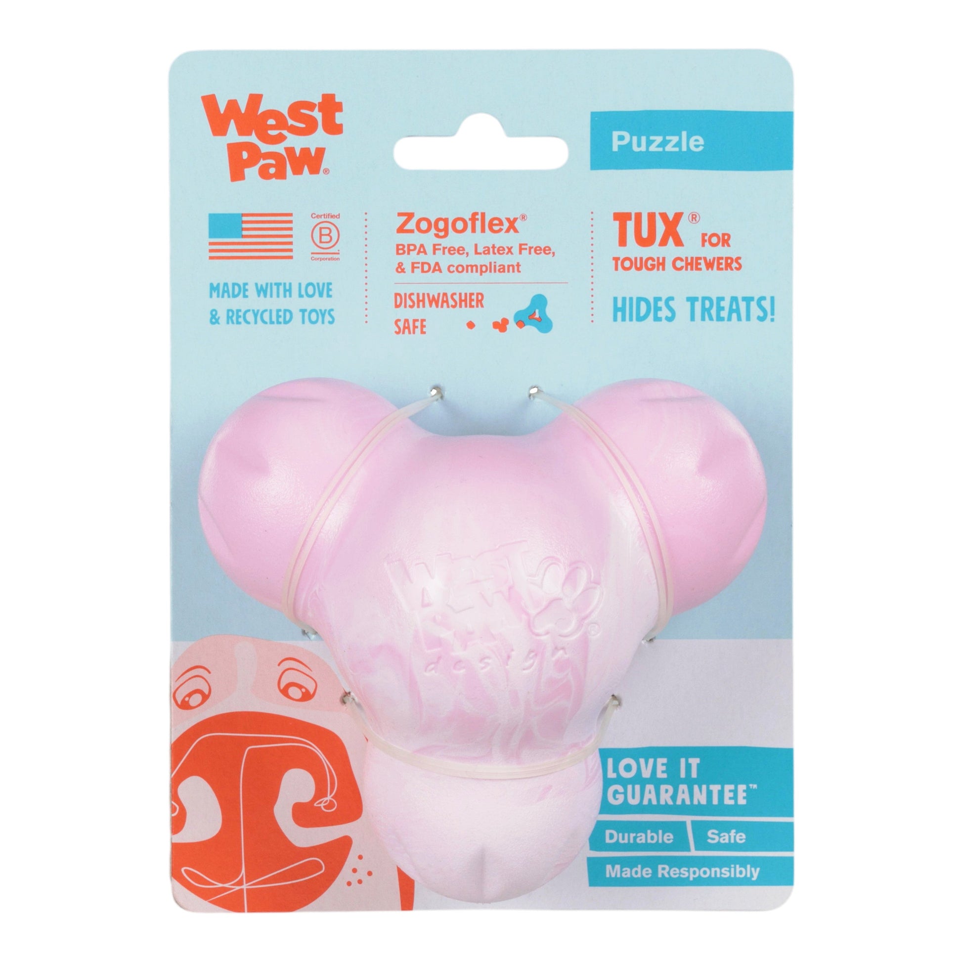 Pink dog toy in packaging with West Paw branding on a light blue background