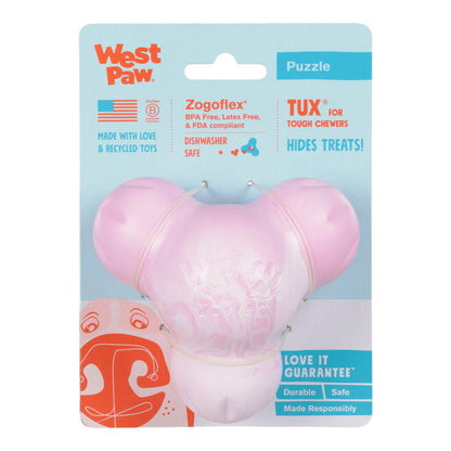 Pink dog toy in packaging with West Paw branding on a light blue background