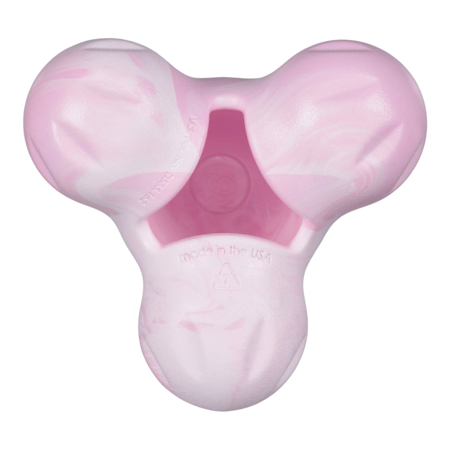 Pink and white three-pronged device on a white background