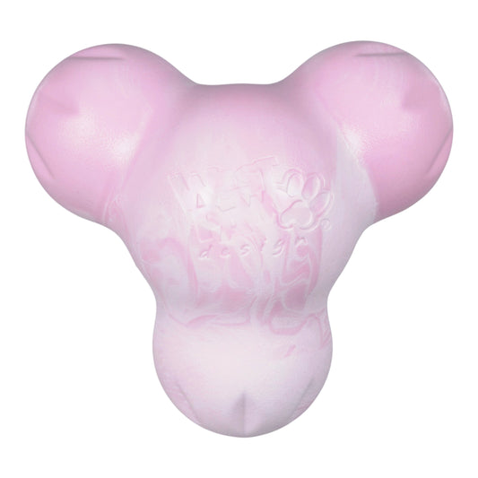 Pink dog toy with a butterfly design on a white background