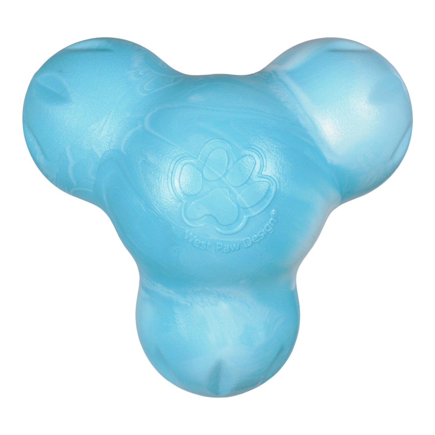 Blue dog toy with a paw print design on a white background