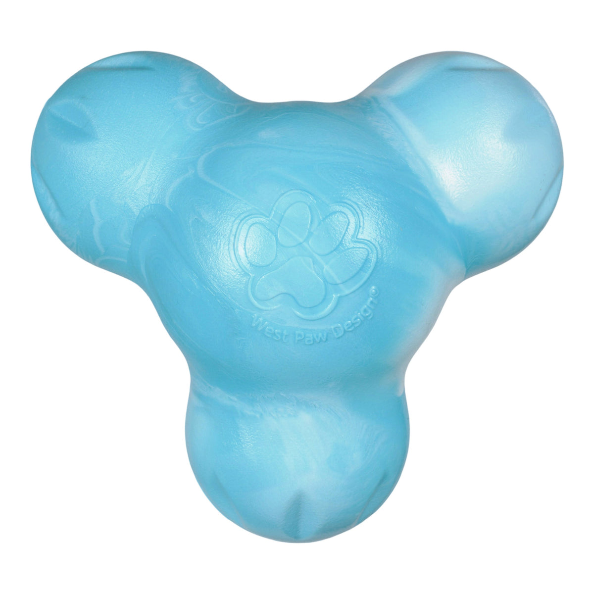 Blue dog toy with a paw print design on a white background
