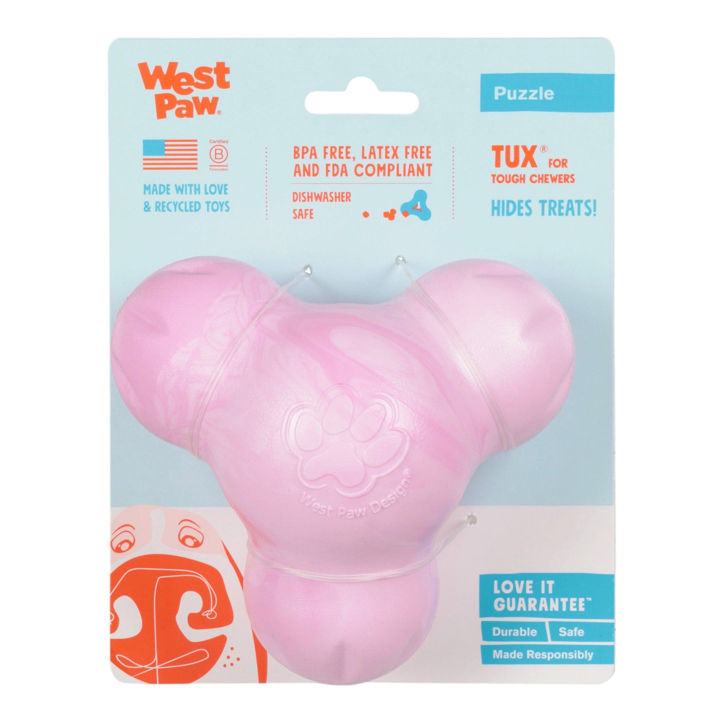 Pink dog toy with West Paw branding on a light blue background