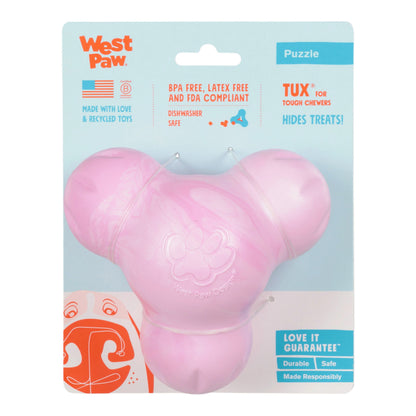 Pink dog toy with West Paw branding on a light blue background