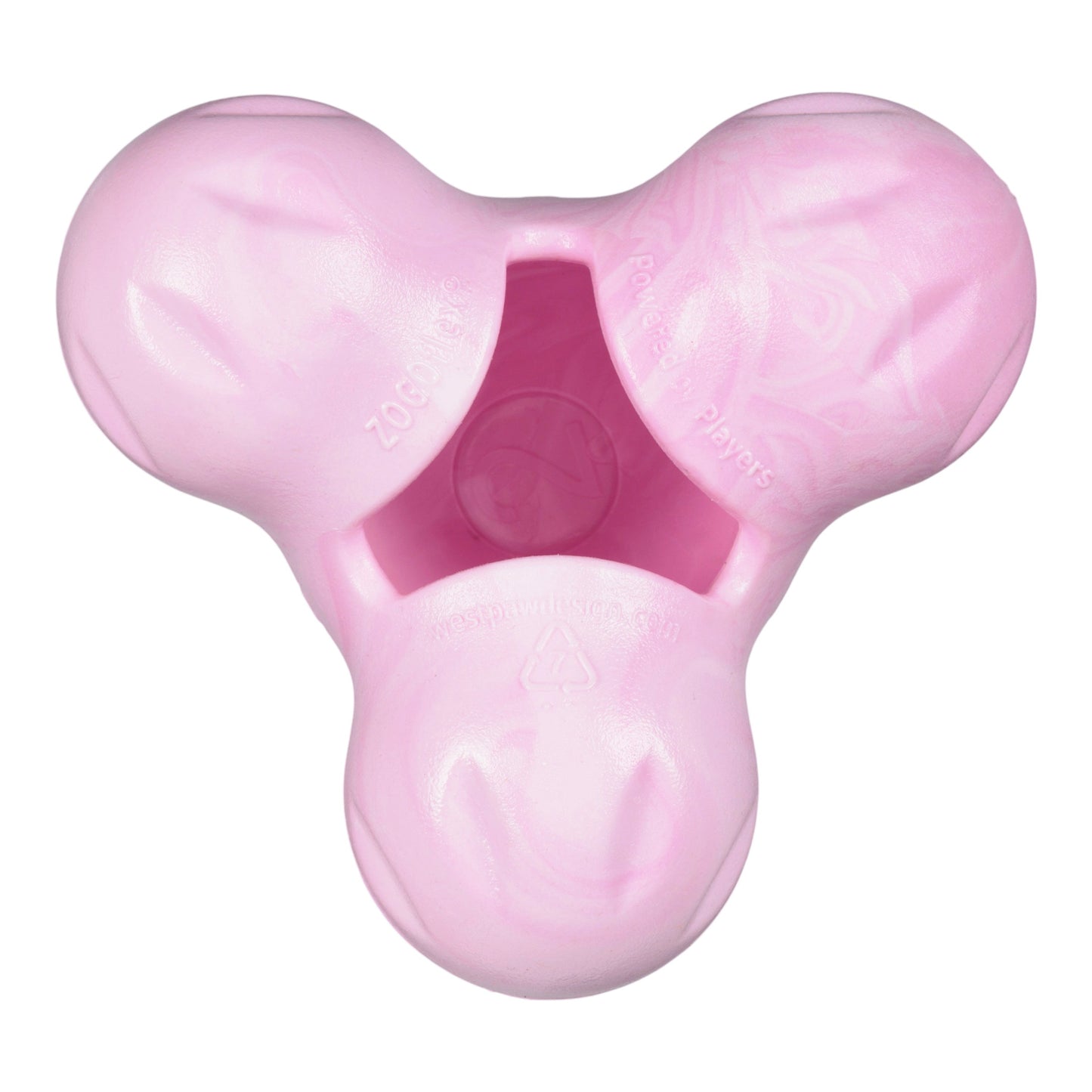 Pink dog toy with a white center on a white background
