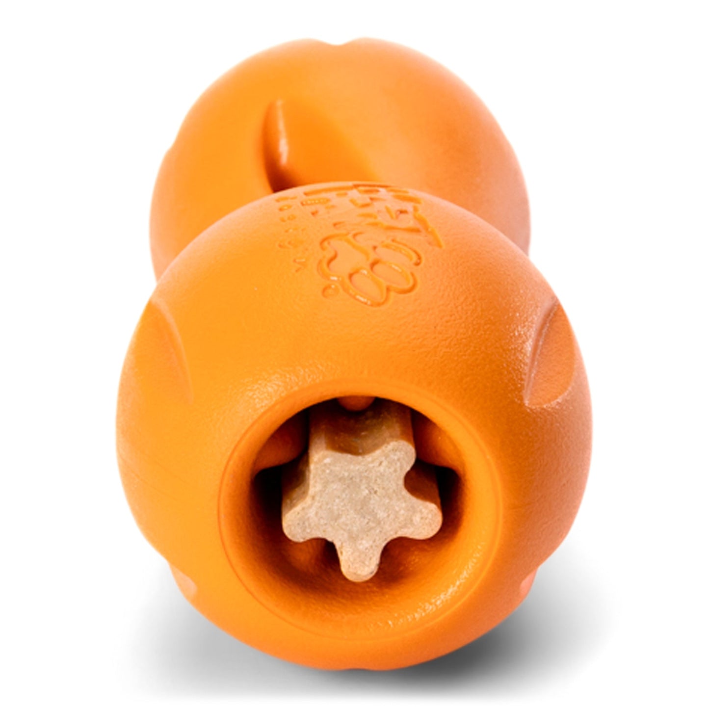 Orange dog toy with a star-shaped center on a white background