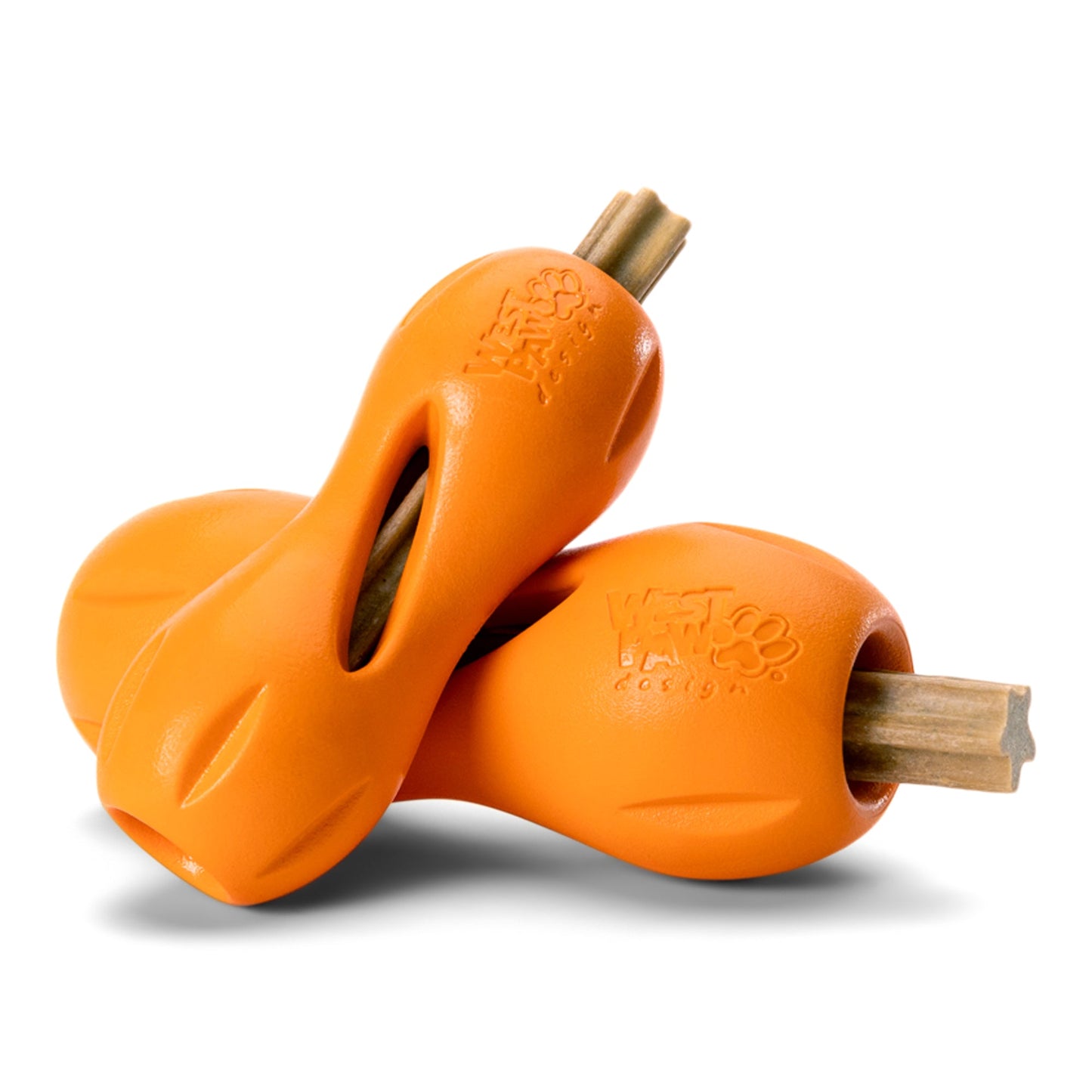 Two orange dog chew toys with wooden cores on a white background