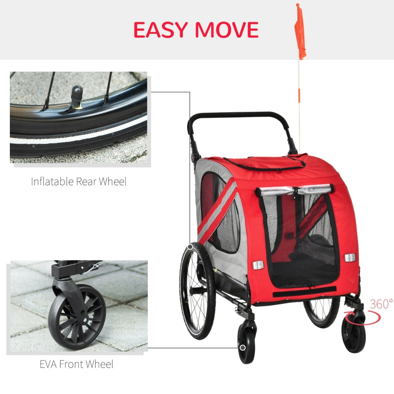 Red pet stroller with inflatable rear wheel and EVA front wheel on a gray background