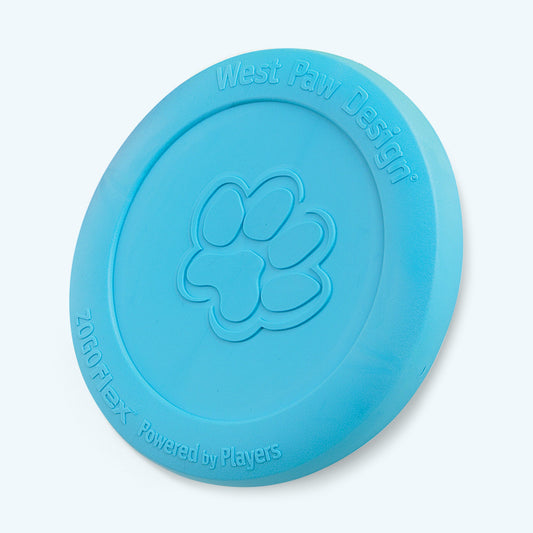 Blue dog toy with West Paw Design logo on a light gray background