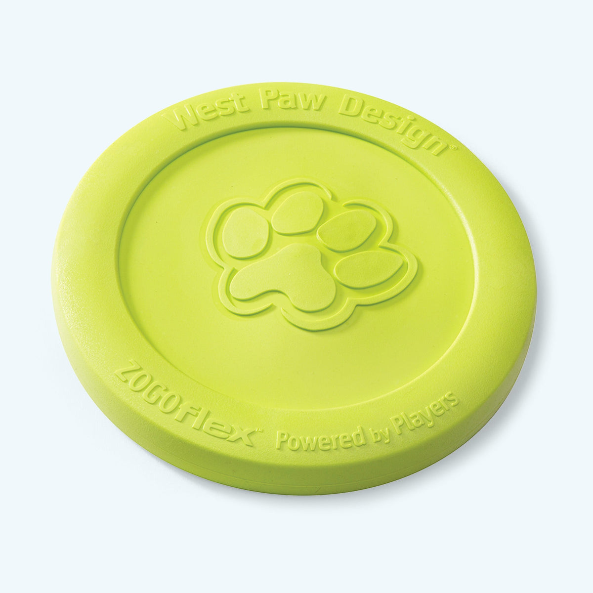 Green dog toy with West Paw Design logo on a light gray background