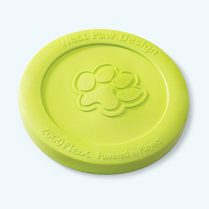 Green dog toy with West Paw Design logo on a light gray background