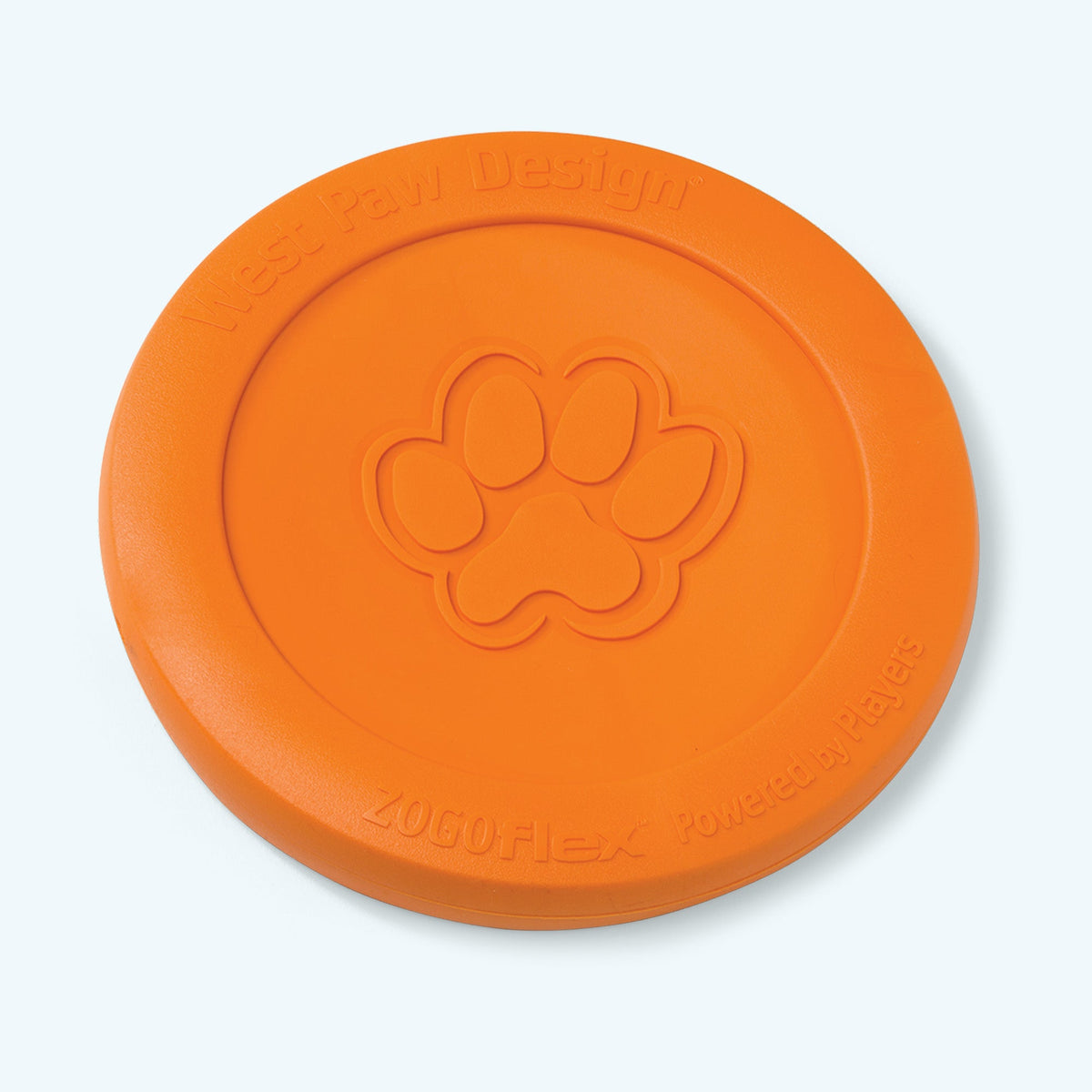 Orange dog toy with paw design on a light gray background