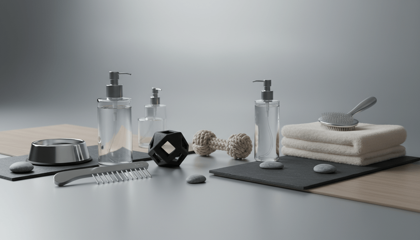 Bathroom setting with towels, soap dispensers, and grooming tools on a neutral background