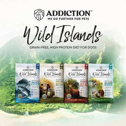 Addiction Wild Islands dog food packages with a scenic background