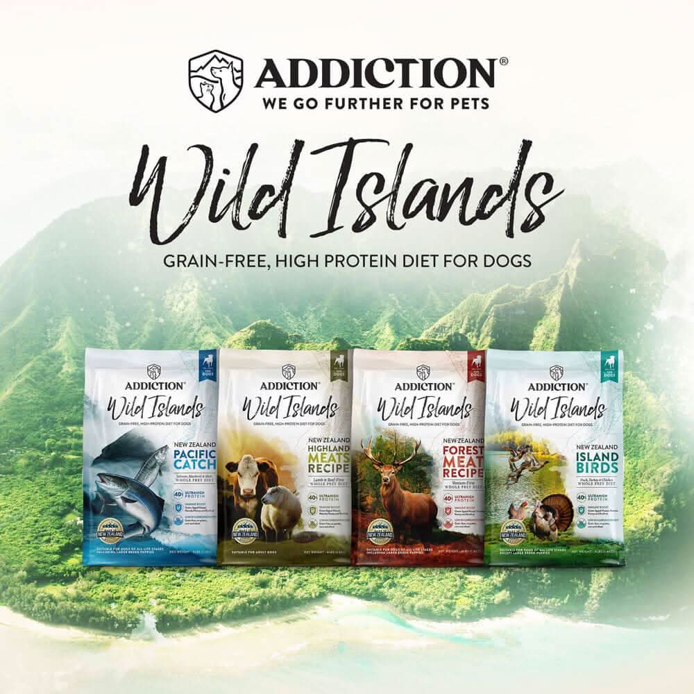 Addiction Wild Islands dog food packages with a scenic background
