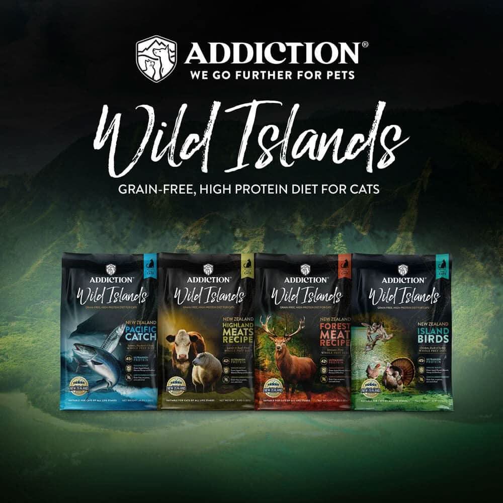Addiction Wild Islands cat food packages on a dark green background with the brand logo.