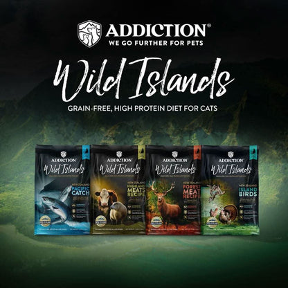 Addiction Wild Islands cat food packages on a dark green background with the brand logo.